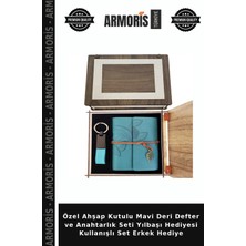 Armoris Özel Ahşap Kutulu Mavi Deri Defter ve Anahtarlık Seti Yılbaşı Hediyesi Kullanışlı Set Erkek Hediye