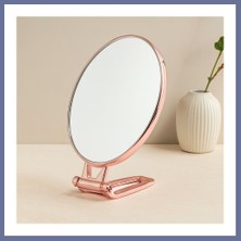 Bezos Oval Çift Taraflı Makyaj Aynası 16.5X13 cm Katlanır Ayaklı Bakır Dlra