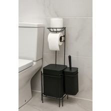 Elarque Yedekli Siyah Kare Wc Kağıtlığı Tuvalet Fırçalığı Çöp Kovası Seti, Metal As
