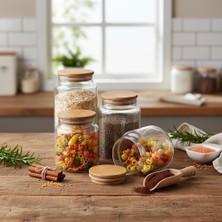 Happy Trend 1 Adet Bambu Kapaklı Borosilikat Cam Kavanoz - Vakumlu Sızdırmaz Silikon Contalı Yuvarlak Şeffaf Erzak Kabı Baharatlık ve Mutfak Düzenleyici (Boy Seçenekli) (500ML)