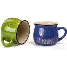 Happy Trend 2'li Emaye Görünümlü Porselen Kupa Seti Good Morning Gold Yazılı 150 Ml,lacivert & Yeşil