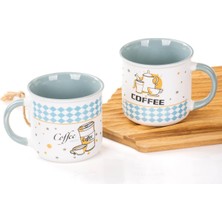 Happy Trend 2'li Porselen Kupa Seti Coffee Desenli Porselen Kupa – 350ML,MAVI A+B