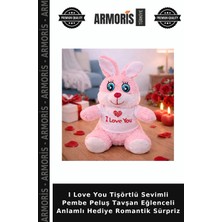 Armoris I Love You Tişörtlü Sevimli Pembe Peluş Tavşan Eğlenceli Anlamlı Hediye Romantik Sürpriz