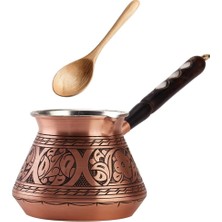 Happy Trend 2 mm Kalın Bakır Türk Yunan Arap Kahve Demliği Oyulmuş Ocak Üstü Kahve Makinesi Cezve Ibrik Briki, Ahşap Saplı ve Kaşıklı, 3 Kişilik (Mat Bakır)