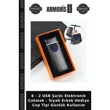 Armoris E - 2 USB Şarjlı Elektronik Çakmak - Siyah Erkek Hediye Cep Tipi Günlük Kullanım