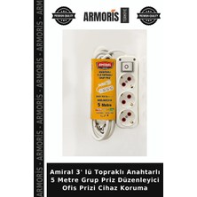 Armoris Amiral 3' Lü Topraklı Anahtarlı 5 Metre Grup Priz Düzenleyici Ofis Prizi Cihaz Koruma