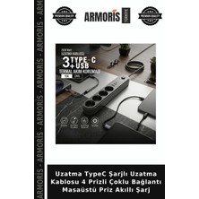 Armoris Uzatma Typec Şarjlı Uzatma Kablosu 4 Prizli Çoklu Bağlantı Masaüstü Priz Akıllı Şarj