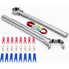 Royal Rain Store Raın Yuvarlak Ağızlı Balkon Çamaşırlık, Alüminyum Çamaşır Asma Aparatı, 5 cm Korkuluk Uyumlu, Balkon Çamaşır Askılığı, Çamaşır Asma Ipi ve 24 Adet Mandal Hediyeli, Paslanmaz