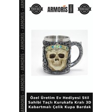 Armoris Özel Üretim Ev Hediyesi Stil Sahibi Taçlı Kurukafa Kralı 3D Kabartmalı Çelik Kupa Bardak