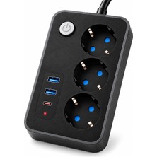 Blic 3'lü Termal Akım Korumalı Uzatma Prizi – 2 Metre Kablolu, 2 USB + 1 Type-C Hızlı Şarj,