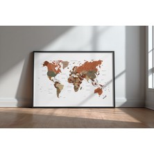 Keyf Home World Map Brown Tones Siyah Çerçeveli Mdf Tablo Poster Salon Duvar Dekoru Hediye