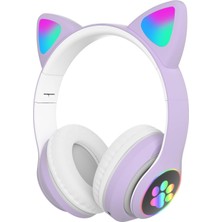 Universal Kedili Kablosuz Bluetooth Kulaklık LED Işıklı Mikrofonlu Raydolu Fm Çocuk Kulaklığı, Kulak Üstü Sevimli Kedi Kulaklık LED Işıklı Katlanabilir Kablosuz Kulaklık Okul/tablet/pc/telefon (Mor)
