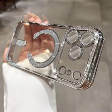 Universal iPhone 17 Pro ile Uyumlu Kılıf Simli Taşlı Lens Korumalı Arkası Şeffaf Kenarı Renkli Parlak Magsafe ile Uyumlu Kapak - Gümüş