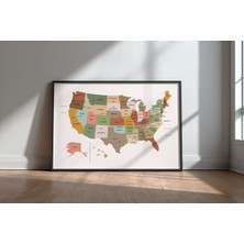 Keyf Home Us Map Earth Tones Siyah Çerçeveli Mdf Tablo Poster Salon Duvar Dekoru Hediye