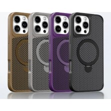 Universal iPhone 14 Pro Max ile Uyumlu Kılıf Karbon Fiber Görünümlü Magsafe ile Uyumlu Stand Olabilen Carbon Case Tam Gövde Koruyucu Telefon Kılıfı Gray
