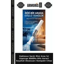 Armoris Kablosuz Şarjlı Mini Araç Içi Süpürge 6000PA Ofis Gereci Seyahat Aksesuarı Kompakt Cihaz