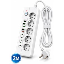 OEM 5'li Akım Korumalı Priz 3500W 16A, 4 Usb-A ve 5 Type-C Çıkışlı, Qc 3.0 20W Hızlı Şarj, 2 Metre Kablolu Çoklu Priz Ps-5