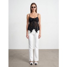 OEM Dılvın Dantel Crop Top Kadın Ince Askılı Kalp Yaka Asimetrik Kesim Fitted Üst