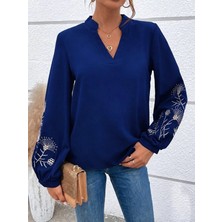 Defy Moda Kadın Uzun Kollu V Yakalı Kolları Çiçek Desenli Viskon Iki Iplik Bluz