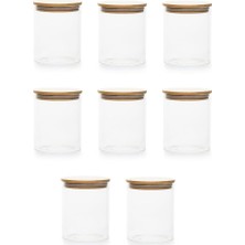 2-4 Bambu Vakumlu Kapaklı Yuvarlak Cam 8li Kavanoz Seti Saklama Kabı 1300ML 10X20CM