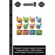 Armoris Istanbul Temalı Kaşıklı Porselen Kupa Bardak 1 Adet Kahve Saati Özgün Tasarım Çay Keyfi