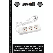 Armoris 3'lü Priz - 3 Metre Uzatma Kablolu - Topraklı Grup Priz Elektrik Ihtiyacı Uzun Erişim Güç Kaynağı