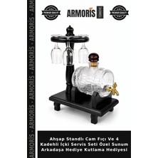 Armoris Ahşap Standlı Cam Fıçı ve 4 Kadehli Içki Servis Seti Özel Sunum Arkadaşa Hediye Kutlama Hediyesi