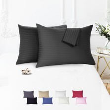 OEM Vionel HOME%100 Pamuk Çizgili Saten Yastık Kılıfı | 50 x 70 cm 2'li | Paket (Siyah)