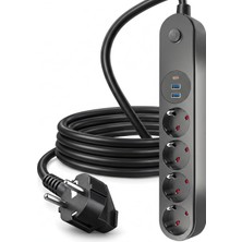 Gy Atelier 3 Metre Termal Akım Korumalı 4'lü Priz Çoklayıcı, 2 USB 1 Type-C Girişli 16A 4000W Dörtlü Dönüştürücü Uzatma Kablosu 4 Adet Anahtarlı Giriş Masaüstü Duvar Çoklu Prizi
