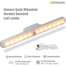 Üstüner Günsan Şarjlı Mıknatıslı Hareket Sensörlü LED Lamba - Dolap Içi, Mutfak, Kitaplık, Tezgah Altı Aydınlatma - 3 Renk Modu - Dim Edilebilir - Işık Hafızalı