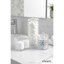 Gy Atelier 3'lü Diamond Seri Kapaklı Banyo Organizer, Makyaj Pamuğu ve Kulak Çubuğu Saklama Kabı Beyaz Tek Ebat