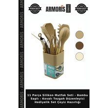 Armoris 11 Parça Silikon Mutfak Seti - Bambu Saplı - Kovalı Tezgah Düzenleyici Hediyelik Set Çeyiz Hazırlığı