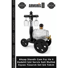 Armoris Ahşap Standlı Cam Fıçı ve 4 Kadehli Içki Servis Seti Mutfak Eşyası Tasarım Set Şık Takım