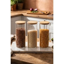 Odea 3-3 Bambu Vakumlu Kapaklı Yuvarlak Borosilikat Cam 3lü Kavanoz Seti Saklama Kabı 1650ML 10X25CM