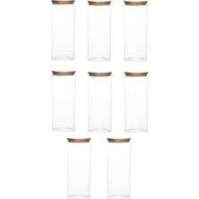 Odea 4-4 Bambu Vakumlu Kapaklı Yuvarlak Cam 8li Kavanoz Seti Saklama Kabı 2100ML 10X30CM