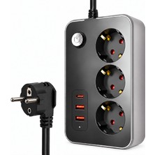 Odea 3 Metre Termal Akım Korumalı 3'lü Priz Çoklayıcı, 2 USB 1 Type-C Girişli 16A 4000W Üçlü Dönüştürücü Uzatma Kablosu 3 Adet Anahtarlı Giriş, Çocuk ve Isı Koruması, Masaüstü Duvar Çoklu Prizi
