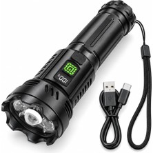 OEM Şarjlı LED El Feneri 3W 160 Lümen – 6400K Beyaz Işık, Dijital Şarj Göstergeli, Yan Aydınlatmalı, USB Type-C Şarjlı, Bilek Askılı
