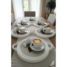 OEM Nevora Örgü Desenli Yuvarlak Kahve Sunum Tepsisi 6’lı Set (Beyaz)