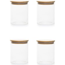 Odea 1-4 Bambu Vakumlu Kapaklı Yuvarlak Cam 4lü Kavanoz Seti Saklama Kabı 750ML 10X12CM