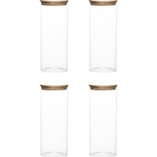 Odea 4-4 Bambu Vakumlu Kapaklı Yuvarlak Cam 4lü Kavanoz Seti Saklama Kabı 2100ML 10X30CM