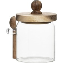 Odea LM-0057 Bambu Kapaklı Bambu Kaşıklı Cam Şekerlik Sunumluk Bal ve Reçel Kavanozu Saklama Kabı 450ML
