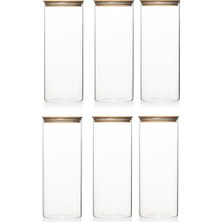Odea 3-3 Bambu Vakumlu Kapaklı Yuvarlak Cam 6lı Kavanoz Seti Saklama Kabı 1650ML 10X25CM