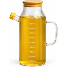 OEM Deconox Bambu Kapaklı Çizgili Cam Yağlık 1000 Ml, Kulplu Yağdanlık, Kapaklı Dökme Ağızlı Şeffaf Zeytinyağı ve Sıvı Yağ Şişesi, 1 Litre