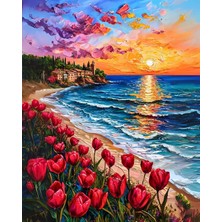 OEM Sayılarla Boyama Numaralı Tuval Seti Fırça Boya Dahil 40X50CM - Kırmızı Laleler ve Günbatımı Sahil