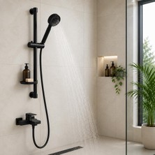 Üstüner Premium Mat Siyah Sürgülü Duş Seti, Ayarlanabilir Duş Rayı, El Duş Başlığı, 150 cm Spiral Duş Hortumu, Banyo Duş Sistemi, Duş Kabini Aksesuarı, Modern Banyo Armatür Seti, Kolay Montaj
