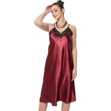 OEM Miorre Dantel Detaylı Derin Sırt Dekolteli Yırtmaçlı Saten Gecelik,bordo Xl-3xl