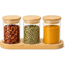 OEM Deconox Bambu Standlı Yuvarlak 3’lü Cam Baharatlık Seti, 3 x 190 Ml, Bambu Kapaklı Baharat Kavanozları, Üç Yuvalı Tezgah Üstü Düzenleyici