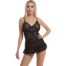 OEM Mimmi Love Dantelli Seksi Gecelik, V Yaka, Halter Bağlamalı, Dantel Detaylı, Siyah ve Kırmızı