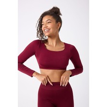 Üstüner Forever More Kare Yaka Uzun Kollu Crop Top Seamless Bordo-S