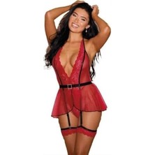 Üstüner For Dreams Kırmızı Dantel Jartiyer Detaylı Sırt Dekolteli Halter Yaka Gecelik 8635
